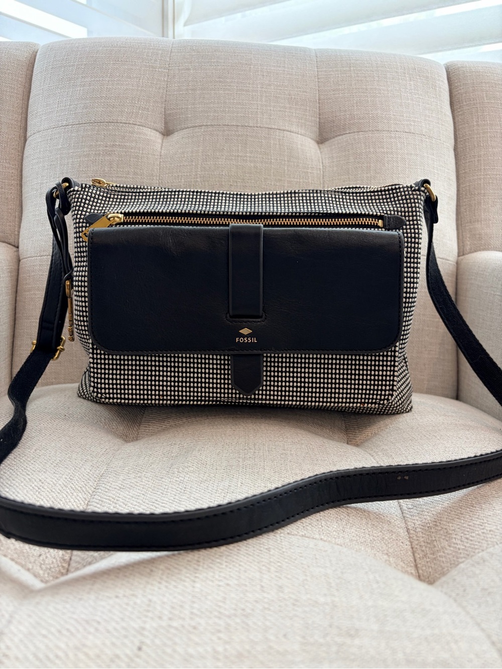 Fossil Kinley Black & White Canvas Leather Crossbody Bag